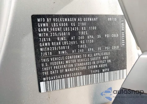 2014 Volkswagen Tiguan Sel from USA, damaged, VIN WVGAV3AX9EW530860